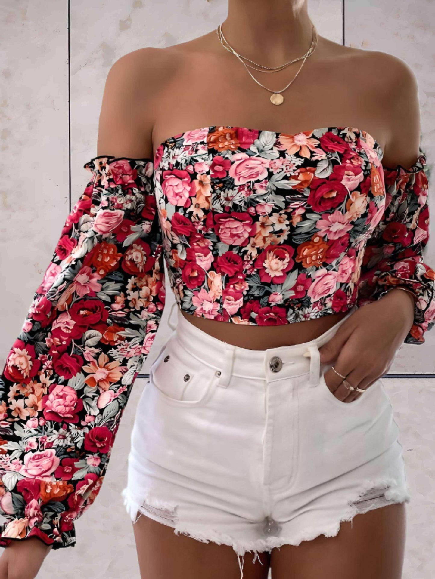 Freda - Zomerse bloemen top open schouders en rug met mouwen