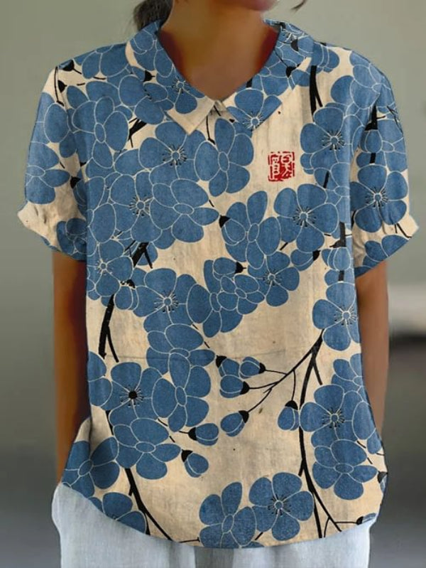 Patrica - Japanse Plum Blossom Art Retro-top met korte mouwen voor dames