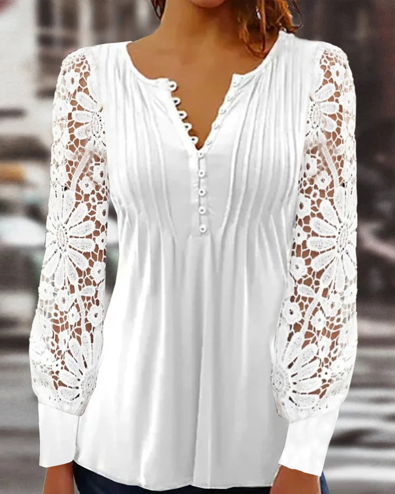 Claudia - Elegante V-hals top met lange mouwen en kant - perfect voor elk seizoen
