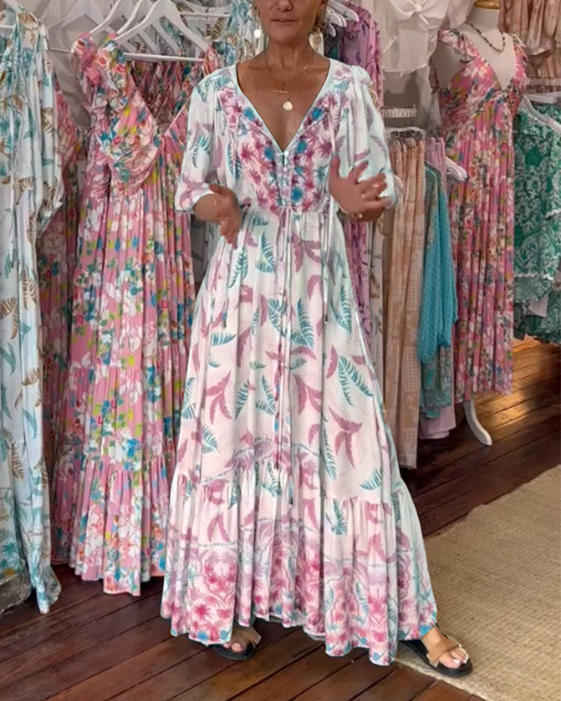 Amita - Maxi-jurk voor dames met een bladprint en een elegante V-hals
