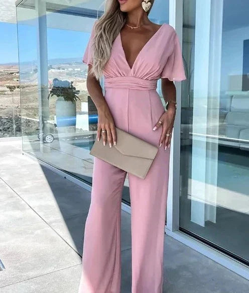 Unna | Jumpsuit met ruche mouwen en wijde broekspijpen