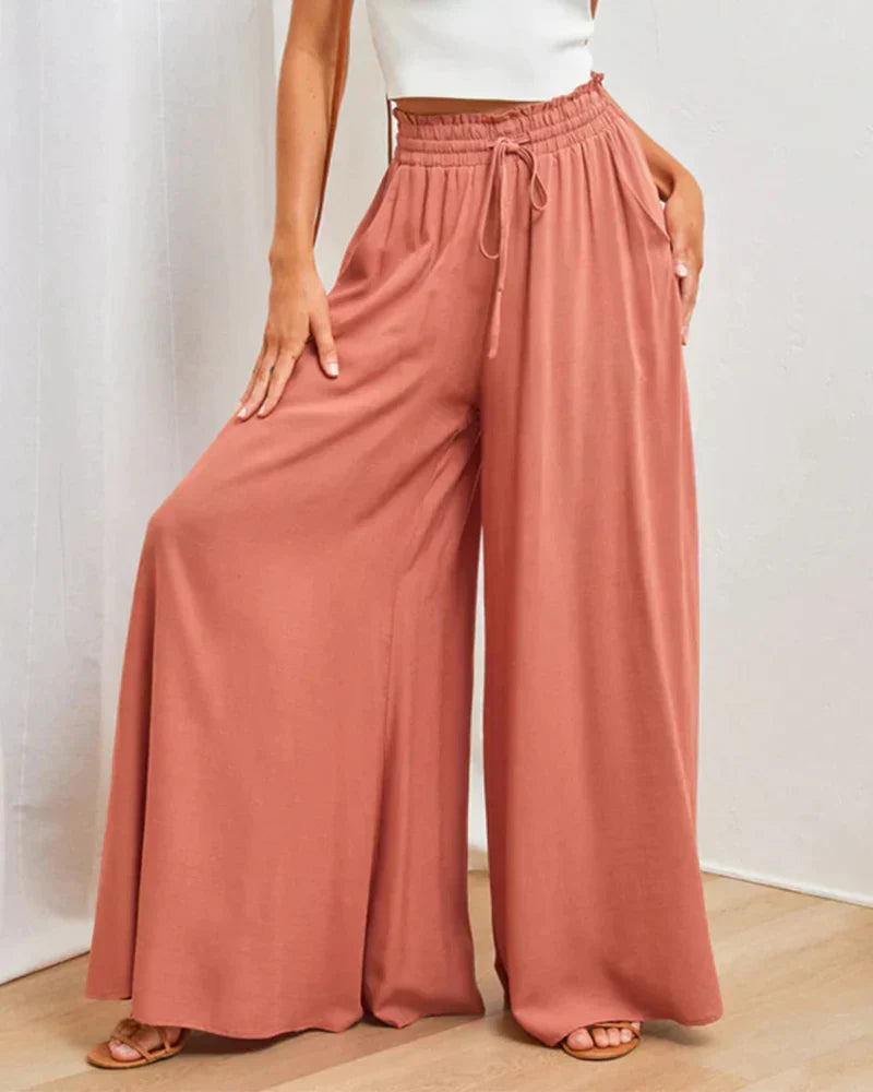 Effen kleur wijde pijpen broek met hoge taille