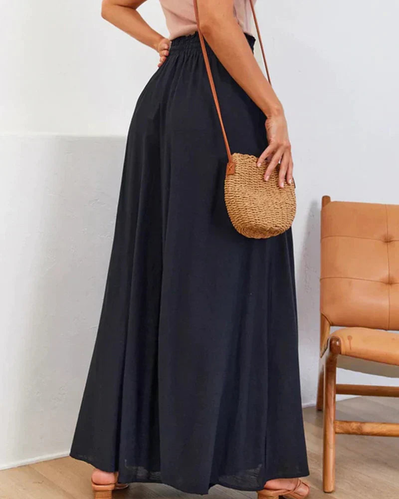 Effen kleur wijde pijpen broek met hoge taille