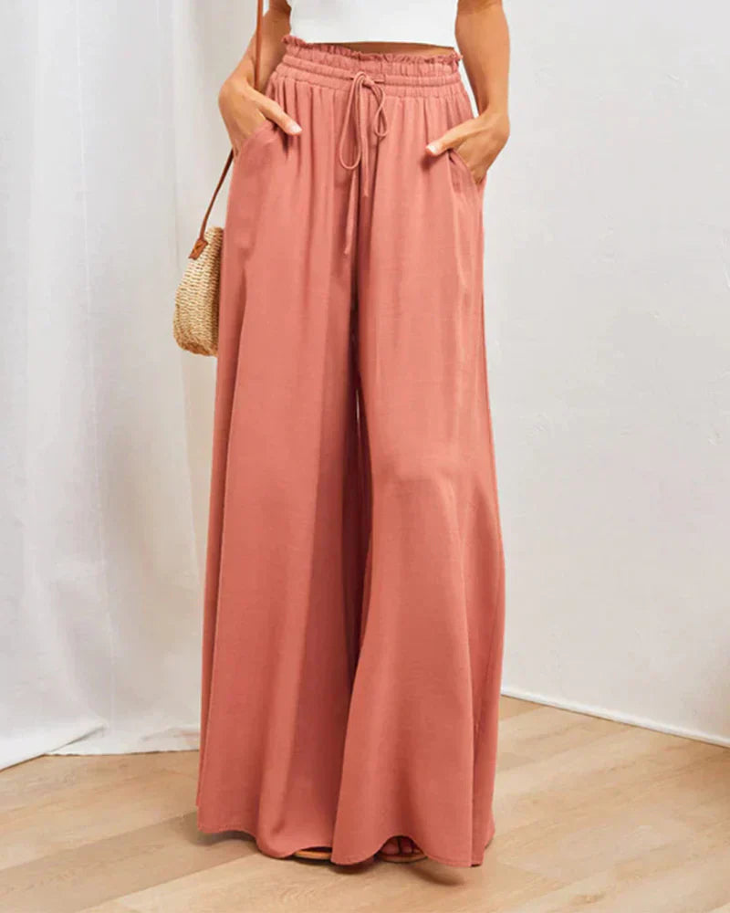 Effen kleur wijde pijpen broek met hoge taille
