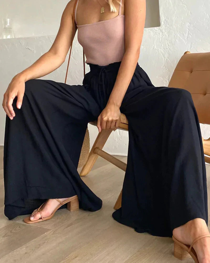 Effen kleur wijde pijpen broek met hoge taille