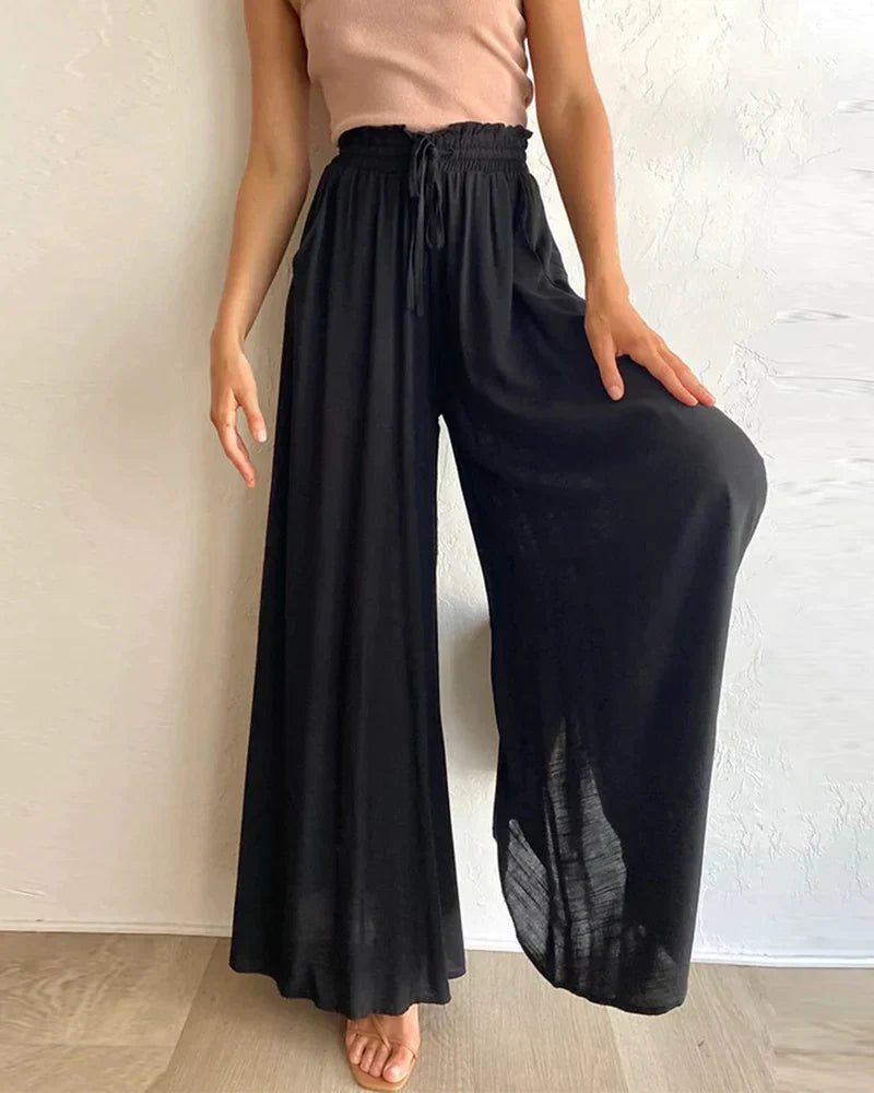 Effen kleur wijde pijpen broek met hoge taille