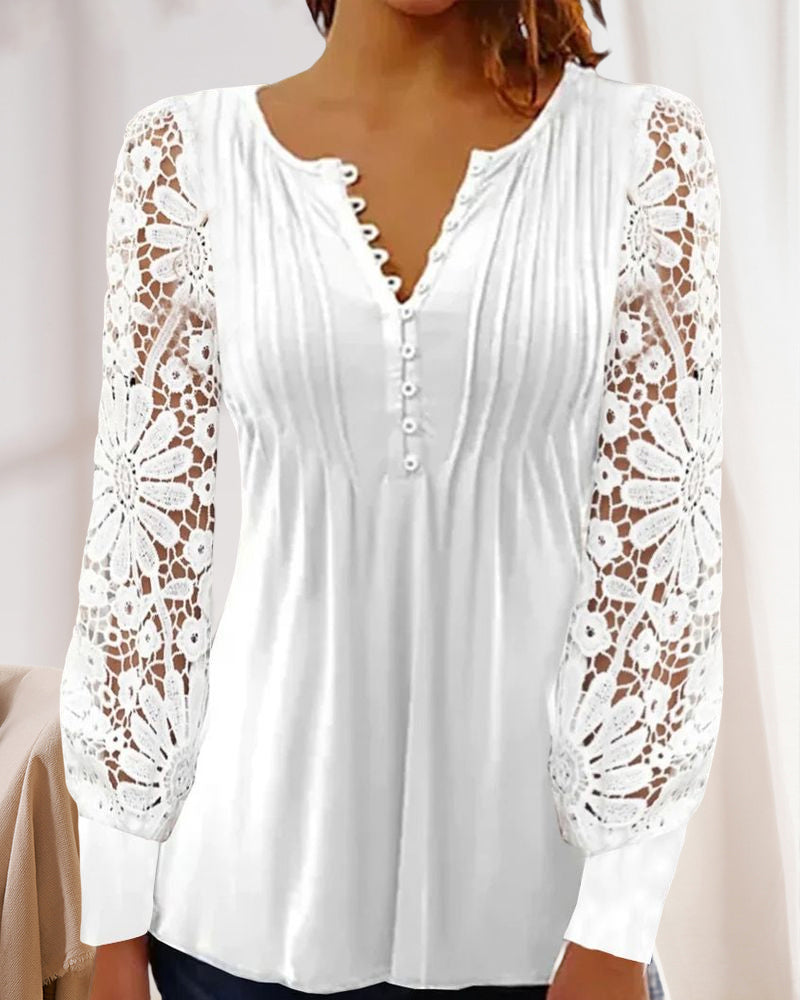Claudia - Elegante V-hals top met lange mouwen en kant - perfect voor elk seizoen