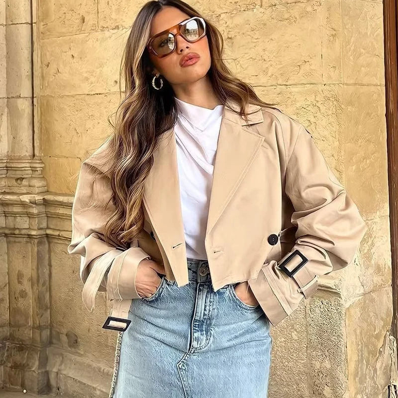 Zaria Jas | Casual trendy double-breasted korte oversized Trenchcoat