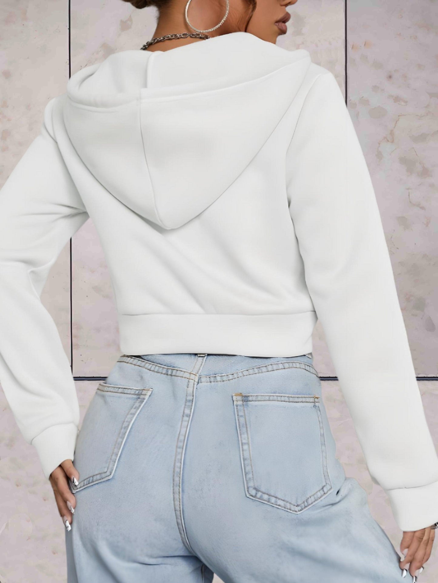 Emeri - comfortabele stijlvolle effen crop top trui met verstelbare knoop en capuchon