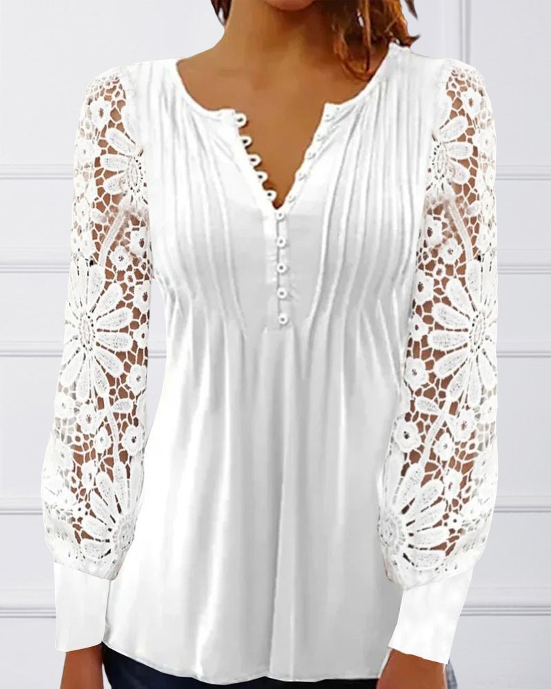Claudia - Elegante V-hals top met lange mouwen en kant - perfect voor elk seizoen