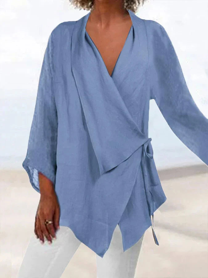 Mitzi - Damesoverhemd van katoen en linnen met revers met vetersluiting