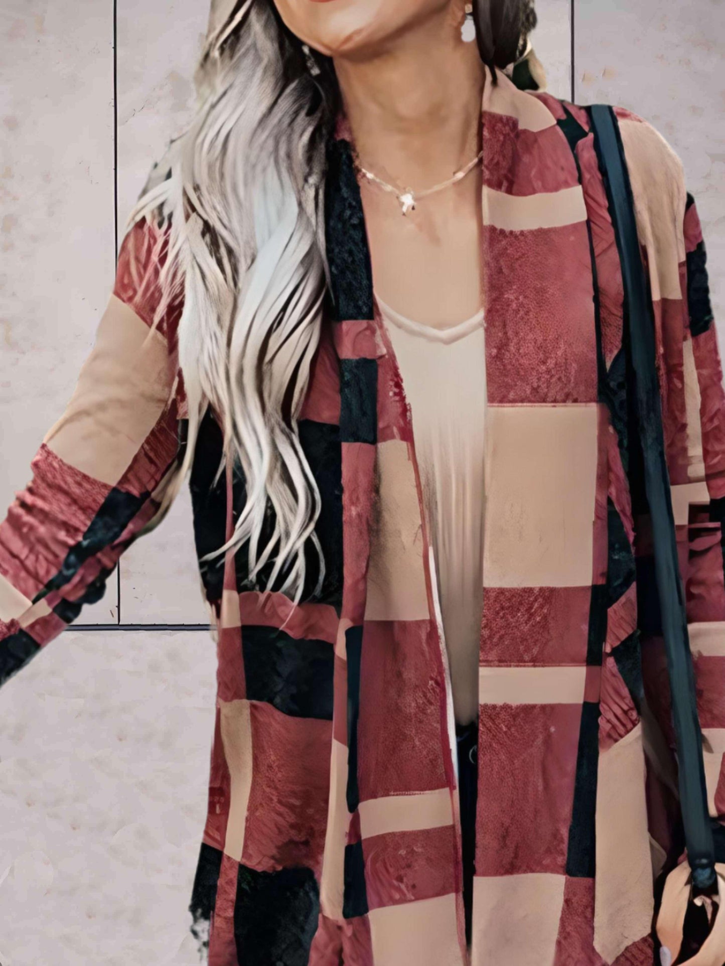 Amelia - Roze oversized en lang geruit open jasjack