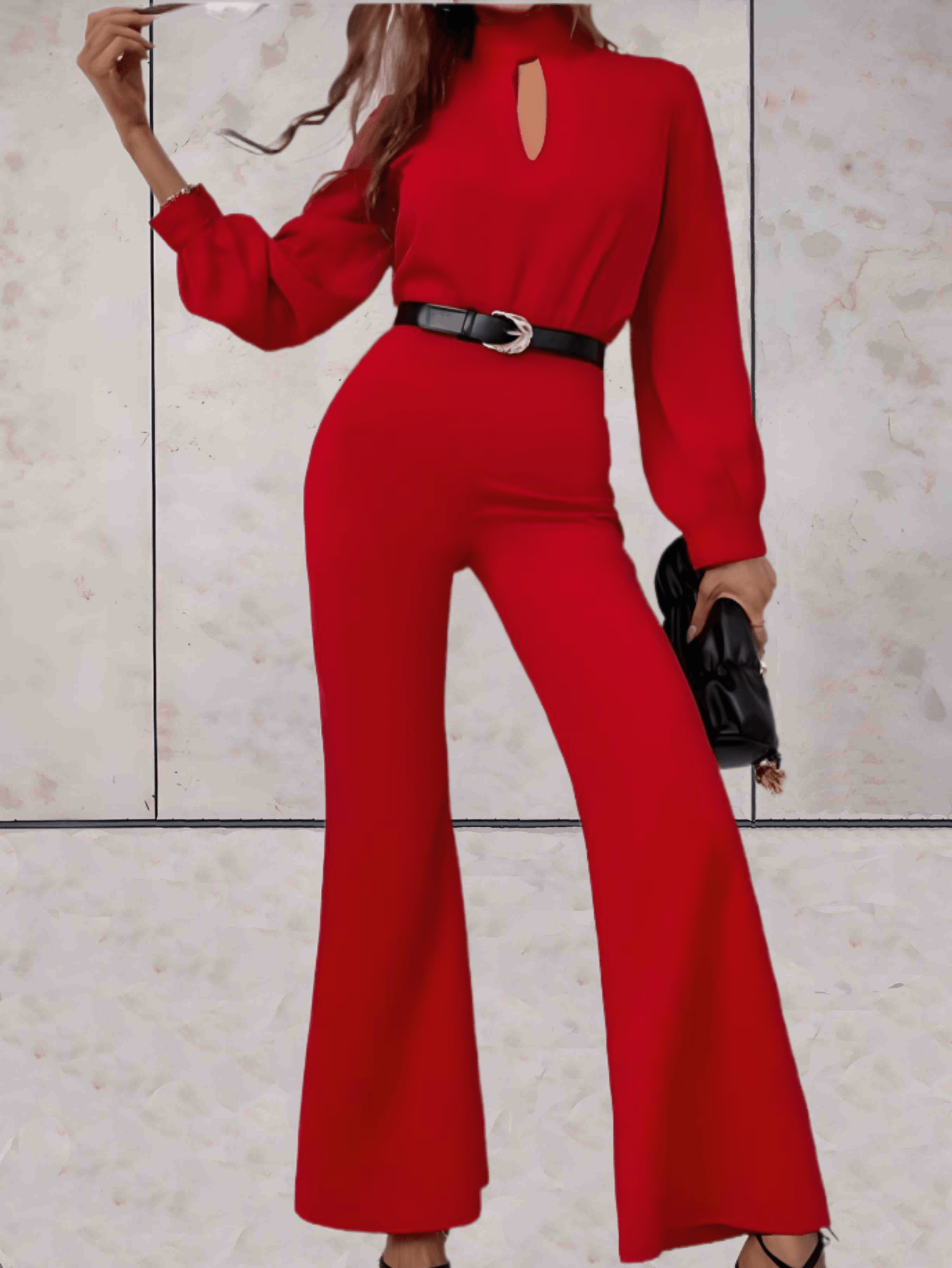 Blake | Rode coltrui jumpsuit met lange wijde mouwen en wijde pijpen