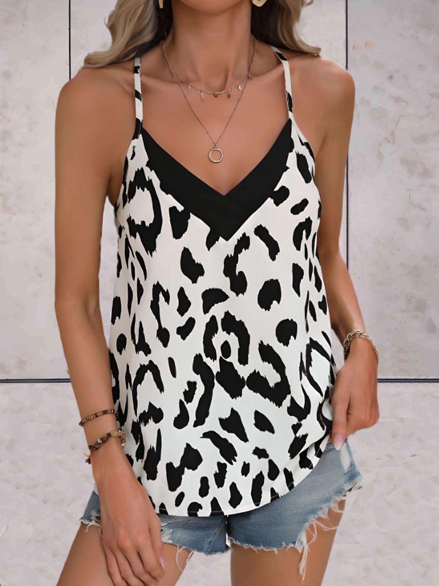 Dinah - Mouwloos topje laag v-model met luipaardprint