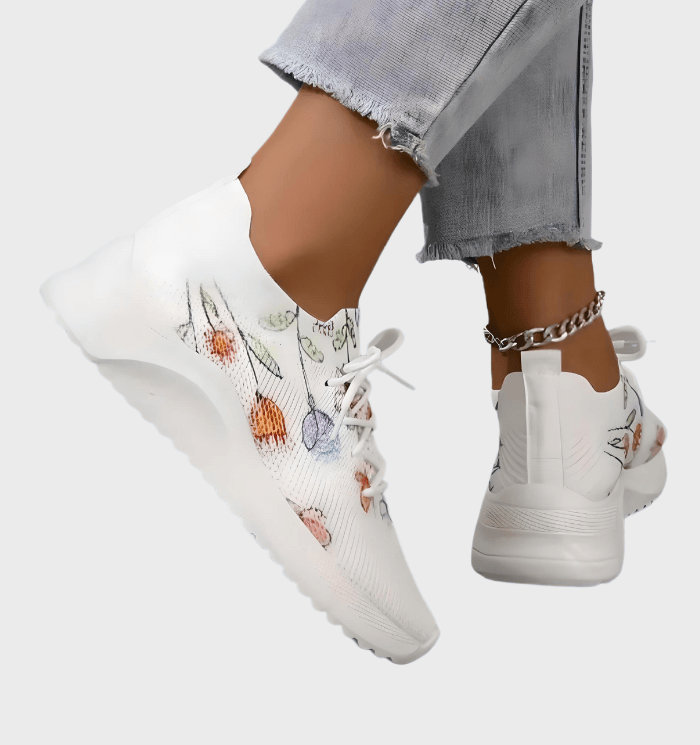 Demi - Stijlvolle witte sneakers met kleurrijke bloemenprint en veters