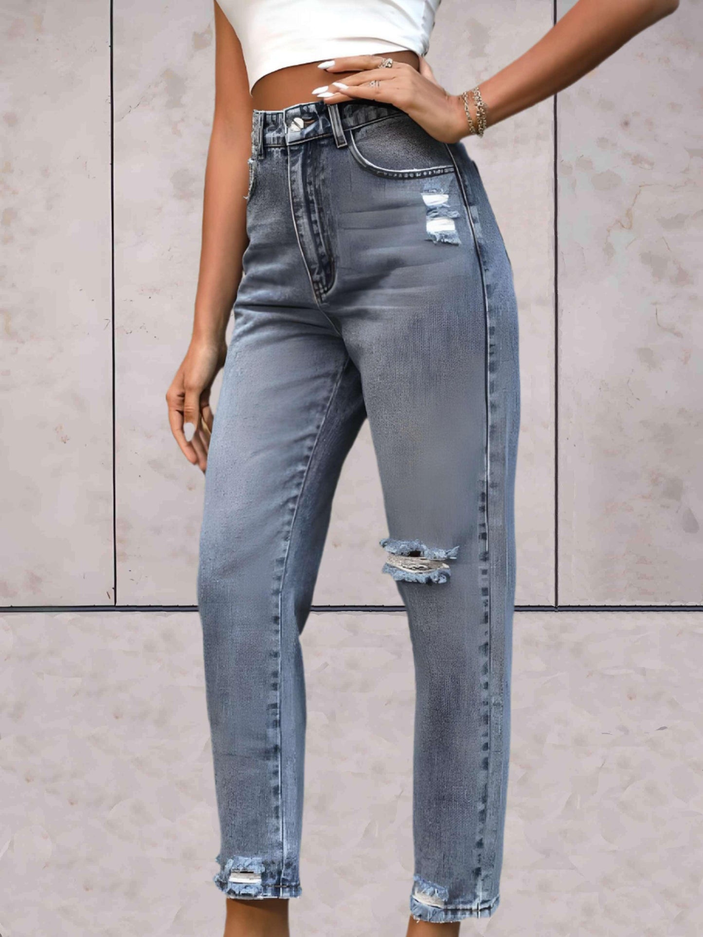 Jada - Enkellange gescheurde jeans met semi-vervaagd dessin