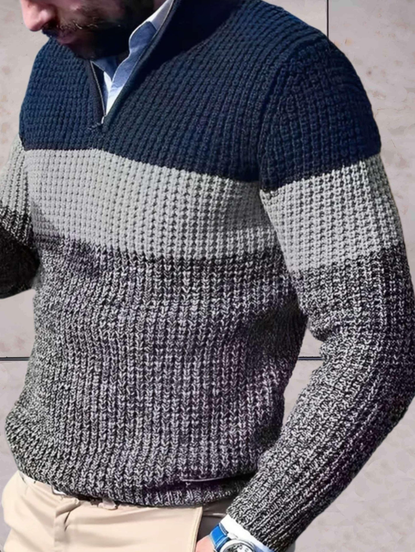 Jerry - casual gebreid slimfit trui met contrasterende kleuren en 1/4 ritssluiting