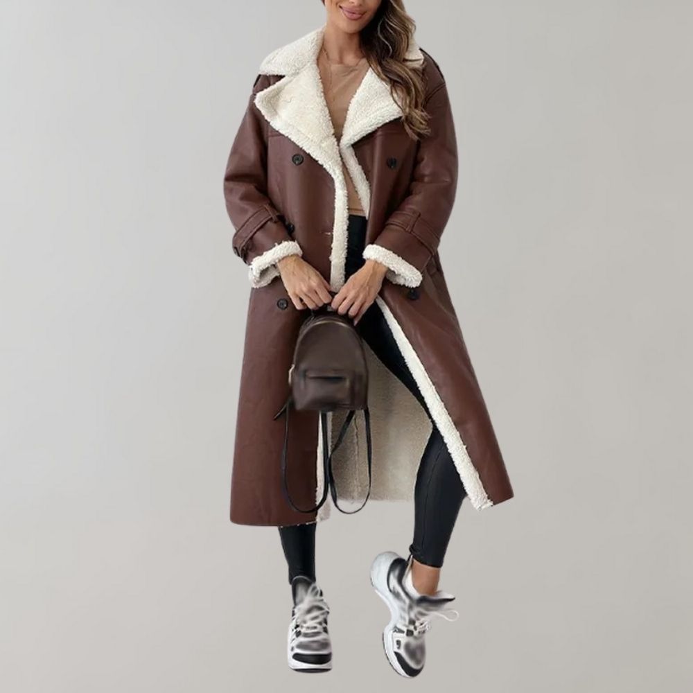 Annele Dekker Mantel | Lange leren winterjas met fleece voering voor dames