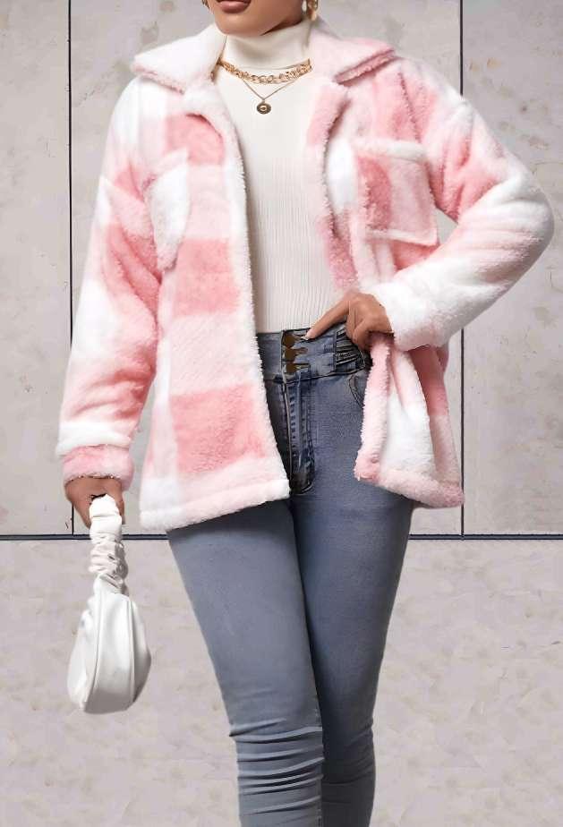 Lexie - Lang imitatieruitjesmodel met jack met grote kraag