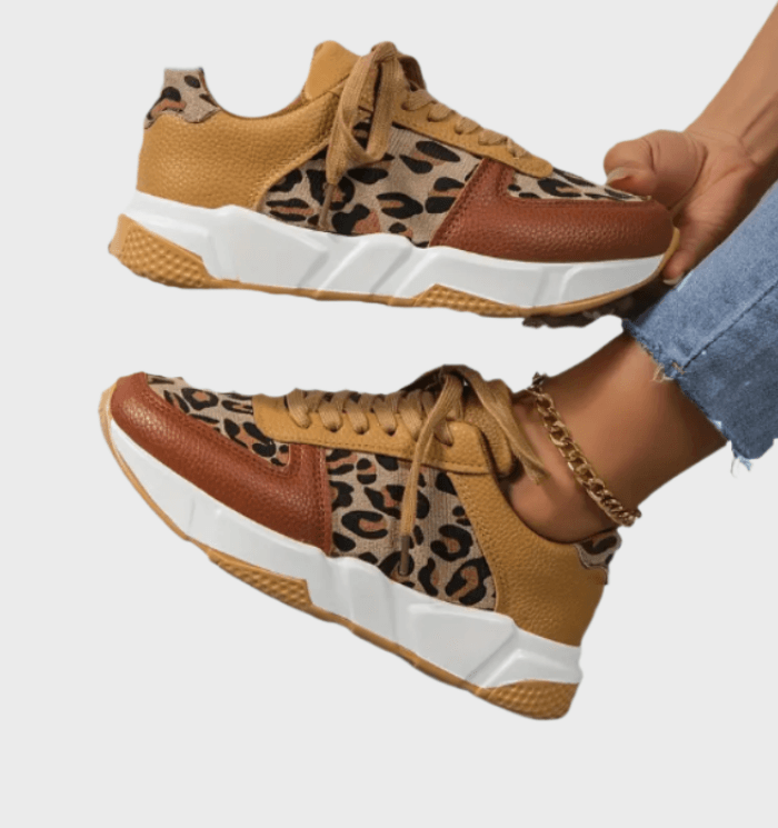 Paula - Tweekleurige sneakers met veters en luipaarddessin