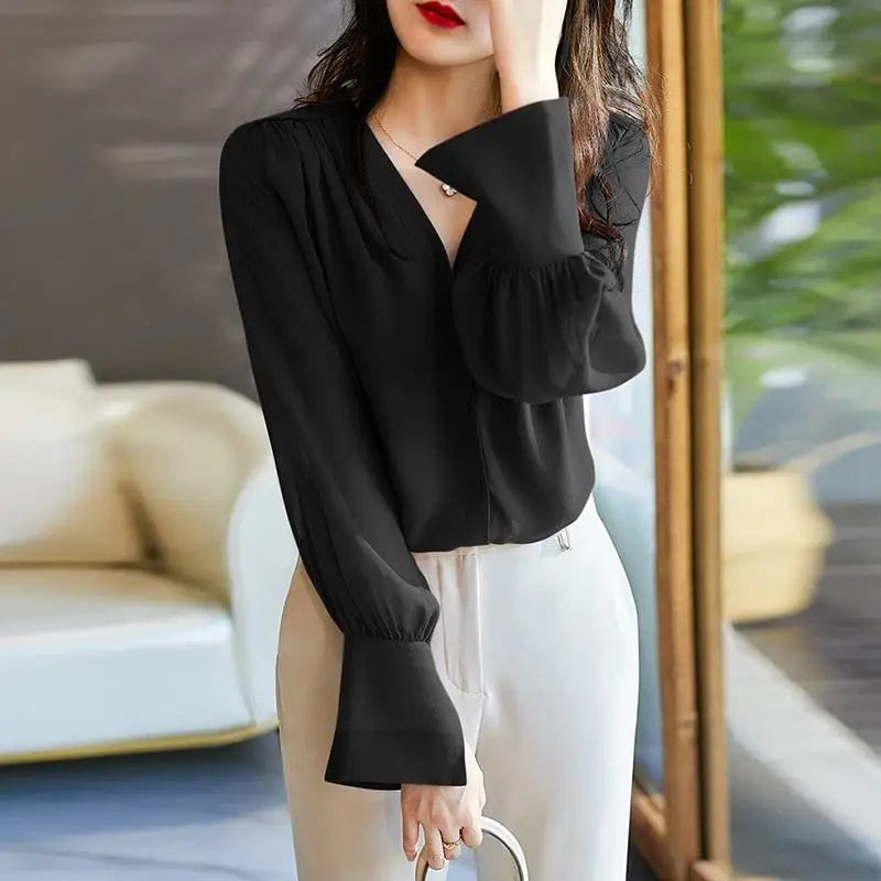 Rosalien | Vrouwen Lichtgewicht V-hals Manchet Mouw Geplooid Bloes