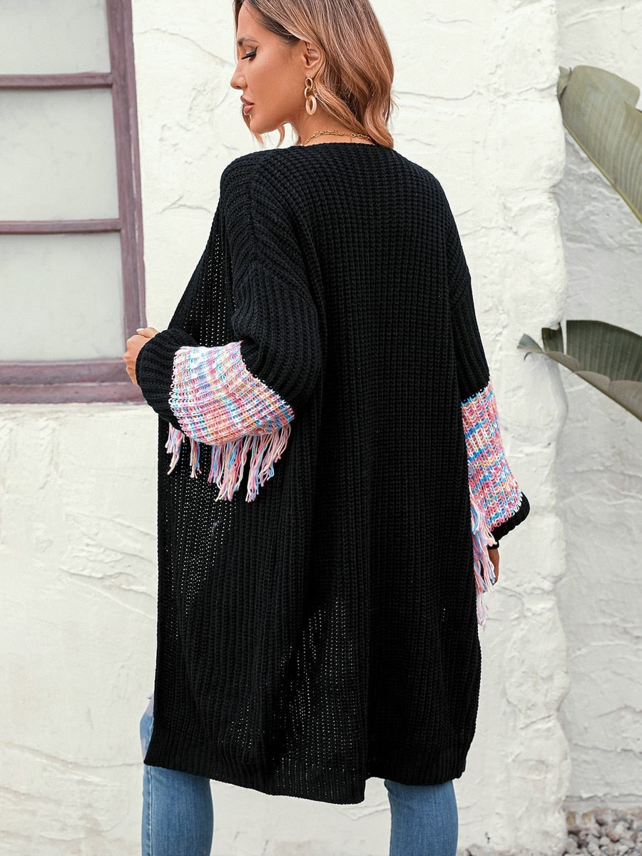 Zwart lang vest met franjes