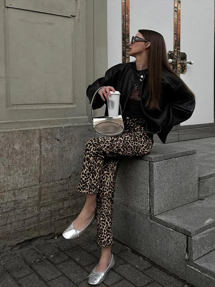 Rosa Luipaardprint-Jeans | Stijlvolle smalle streetwear damesbroek in pencil-stijl