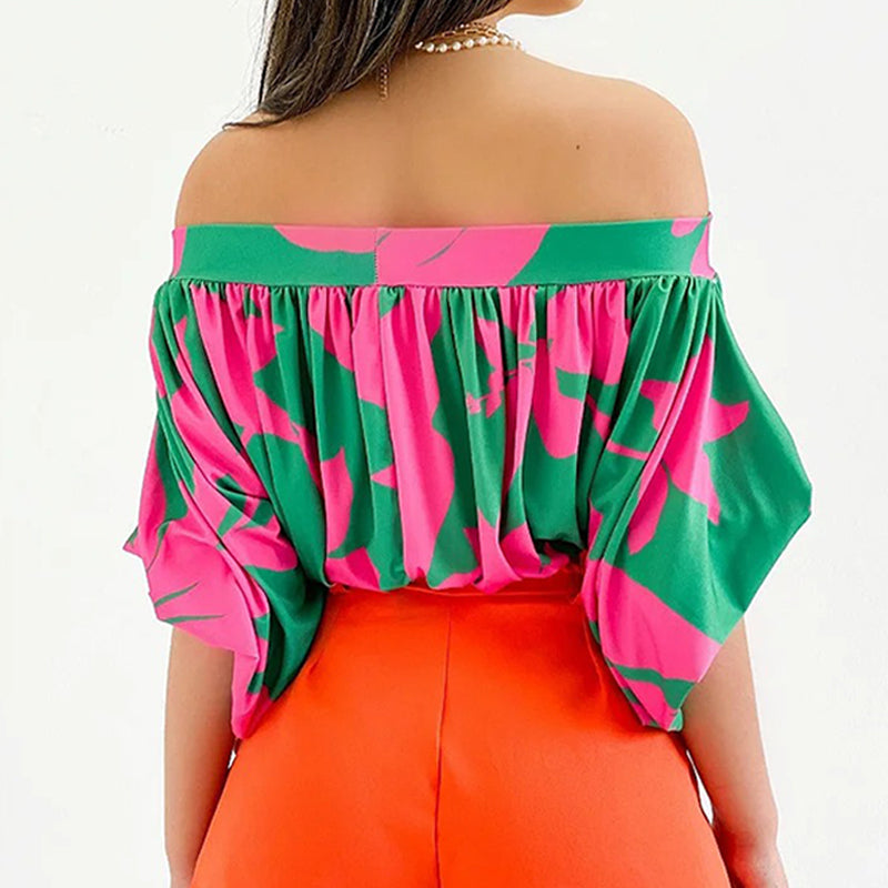 Groen/roze off-shoulder blouse