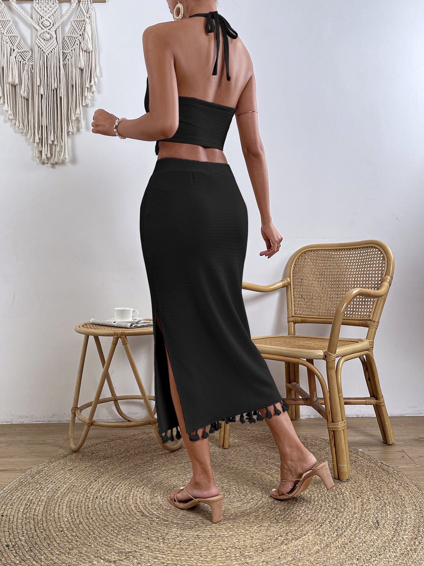 Zwarte two piece set met franjes