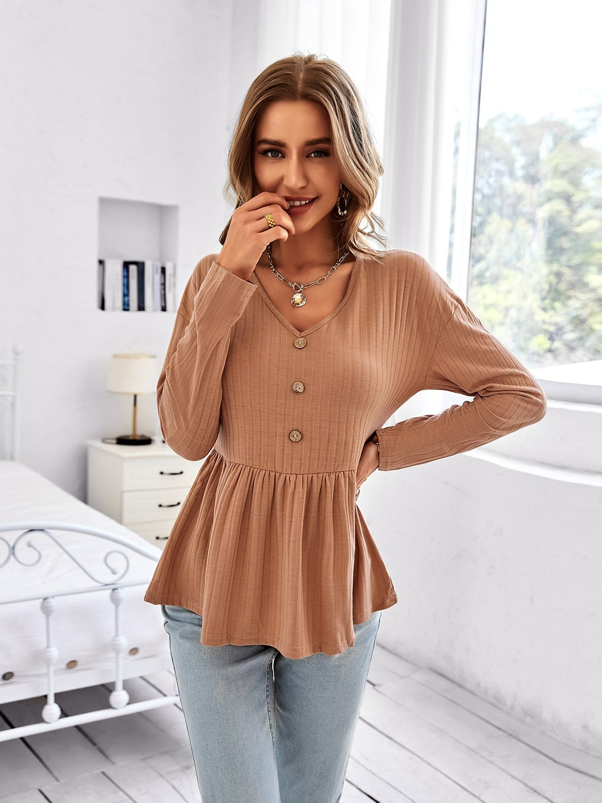 Bruine top met ruche