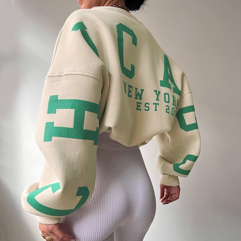 Pauline - Chique Herfst Oversized Sweatshirt met Chicago Letter Graphic voor Vrouwen