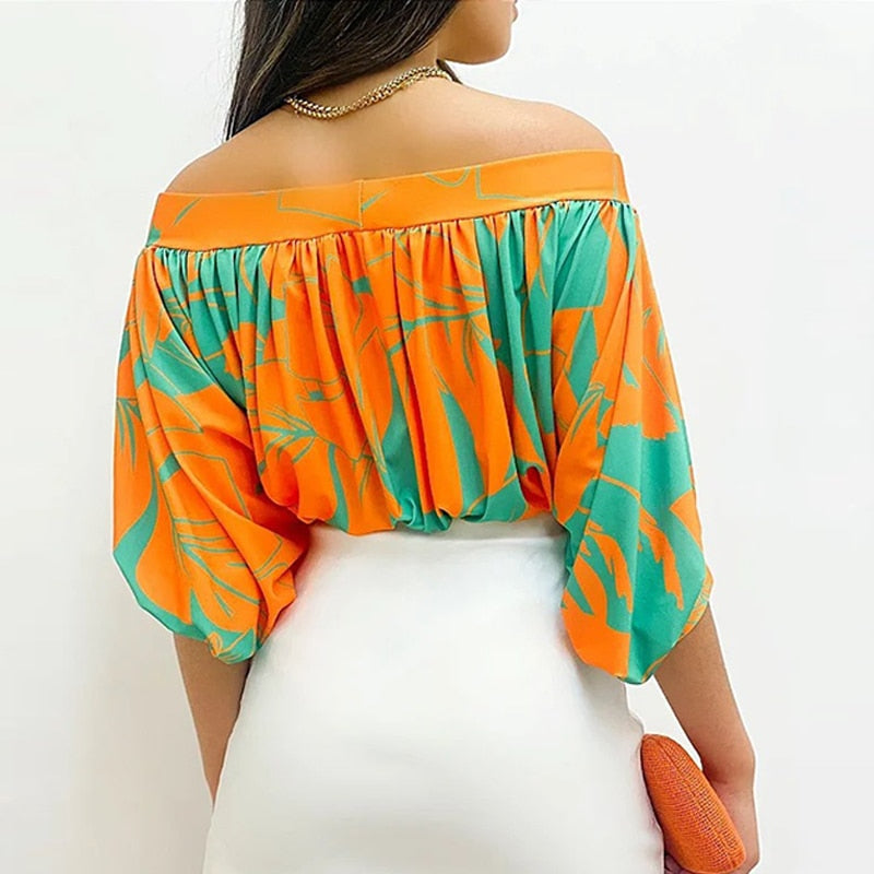 Oranje/groene off-shoulder blouse