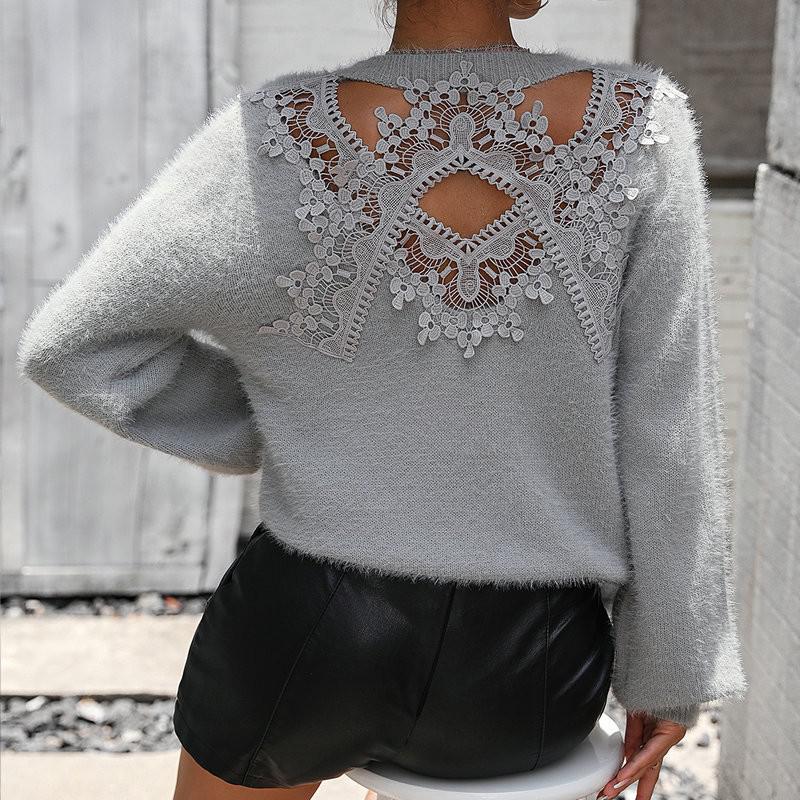 Grijze fluffy trui met kant