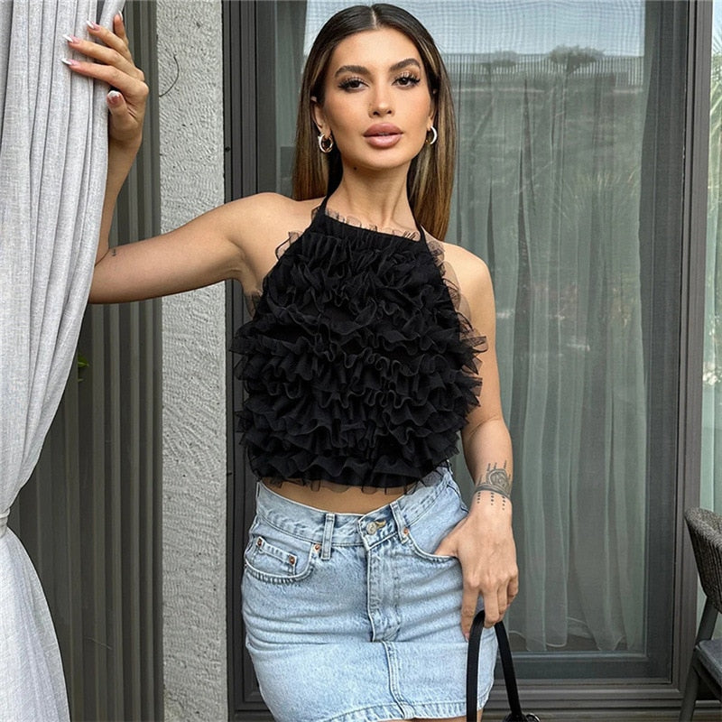 Zwarte fluffy crop top