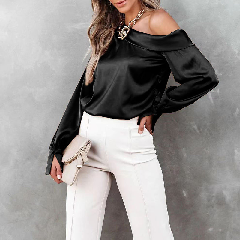 Zwarte satijnen one shoulder blouse