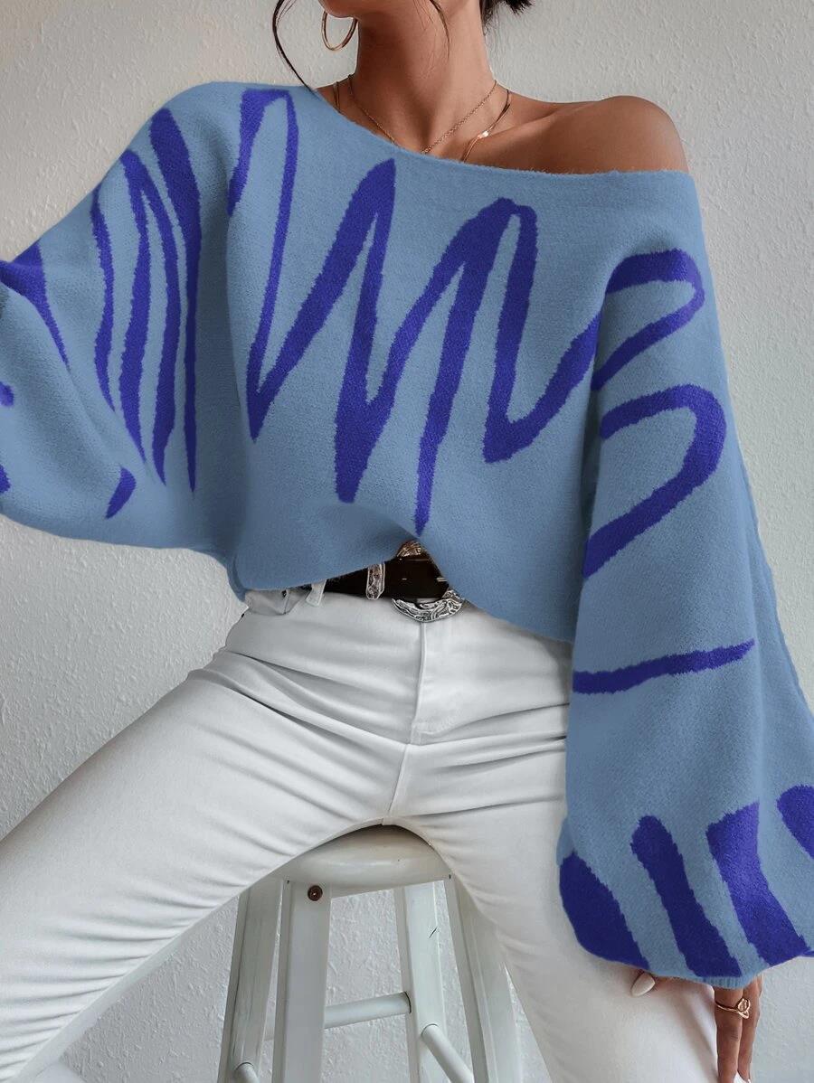 Blauwe oversized trui met pofmouwen