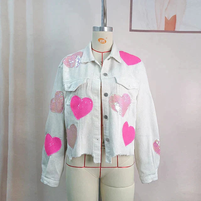 Alessandra | Corduroy bomberjack met paillettenhart