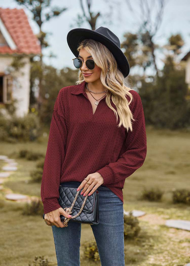 Bordeaux lange mouwen T-shirt met kraag