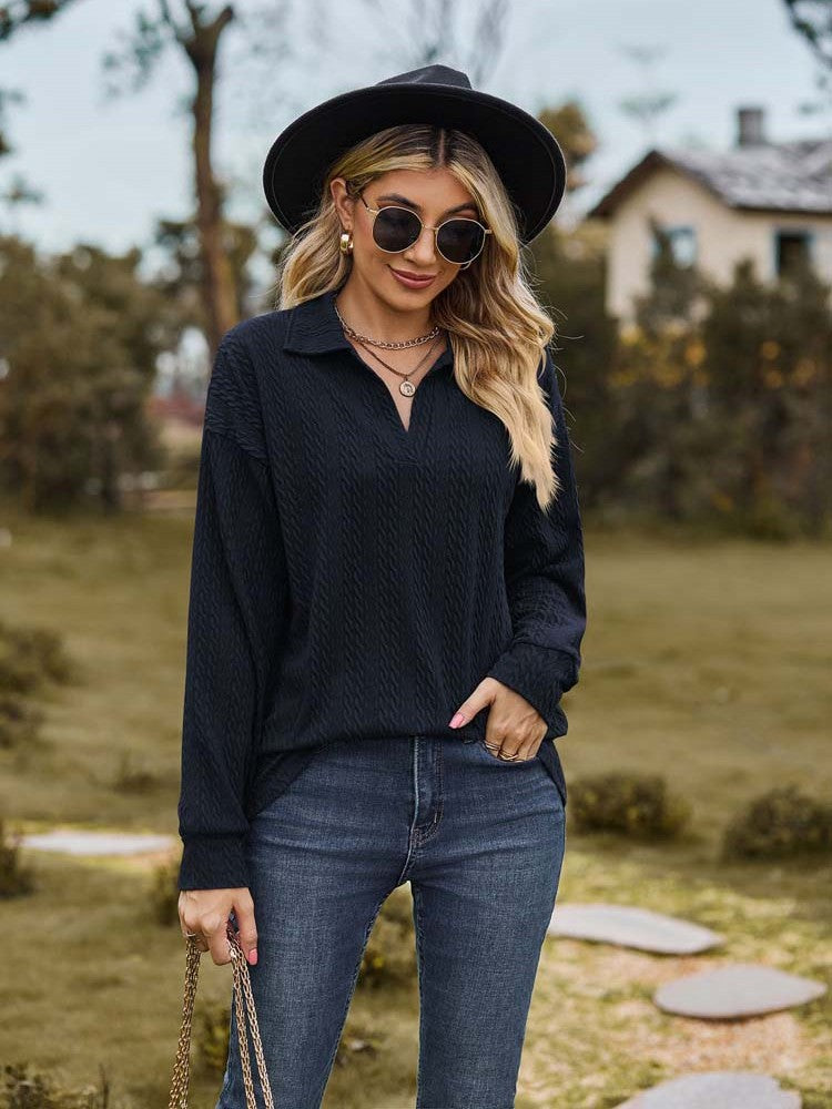 Donkerblauw lange mouwen T-shirt met kraag