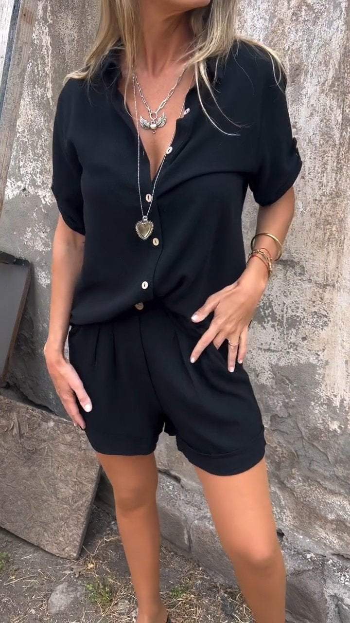 Teun | casual tweedelig short en blouse set met knopen
