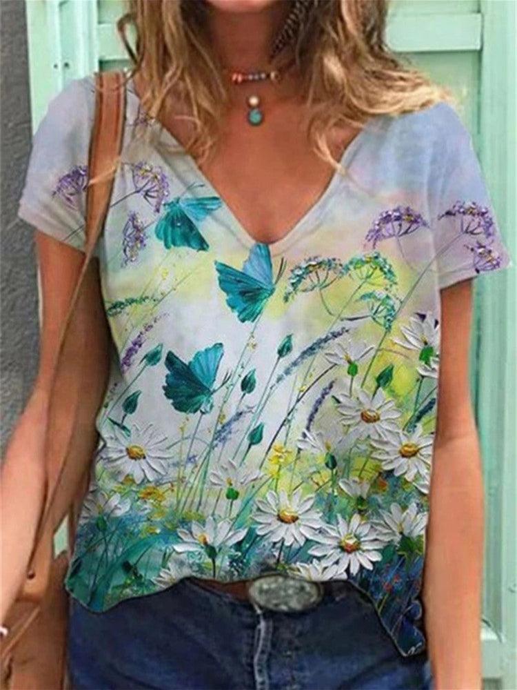 Estie - Bloemenprint T-Shirt in V-halslijn