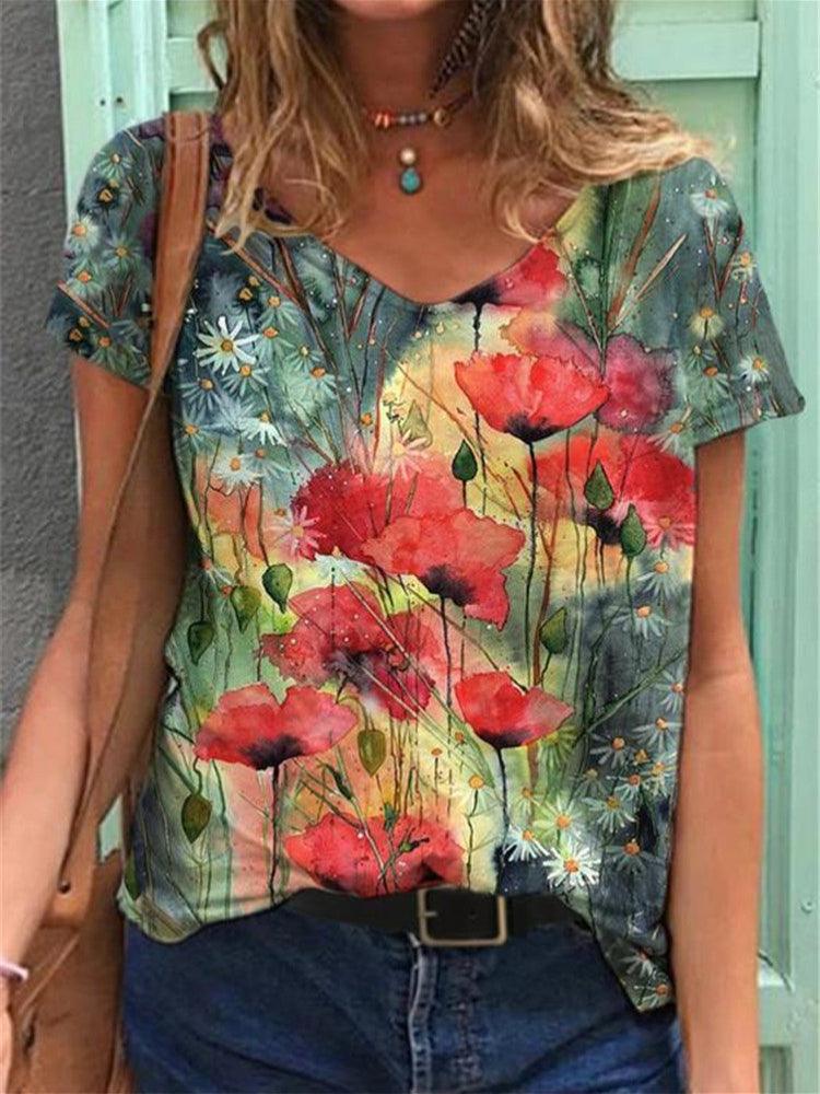 Estie - Bloemenprint T-Shirt in V-halslijn