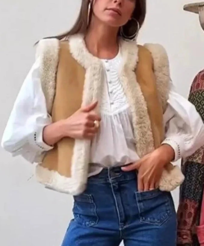 Bruin gilet met imitatiebont