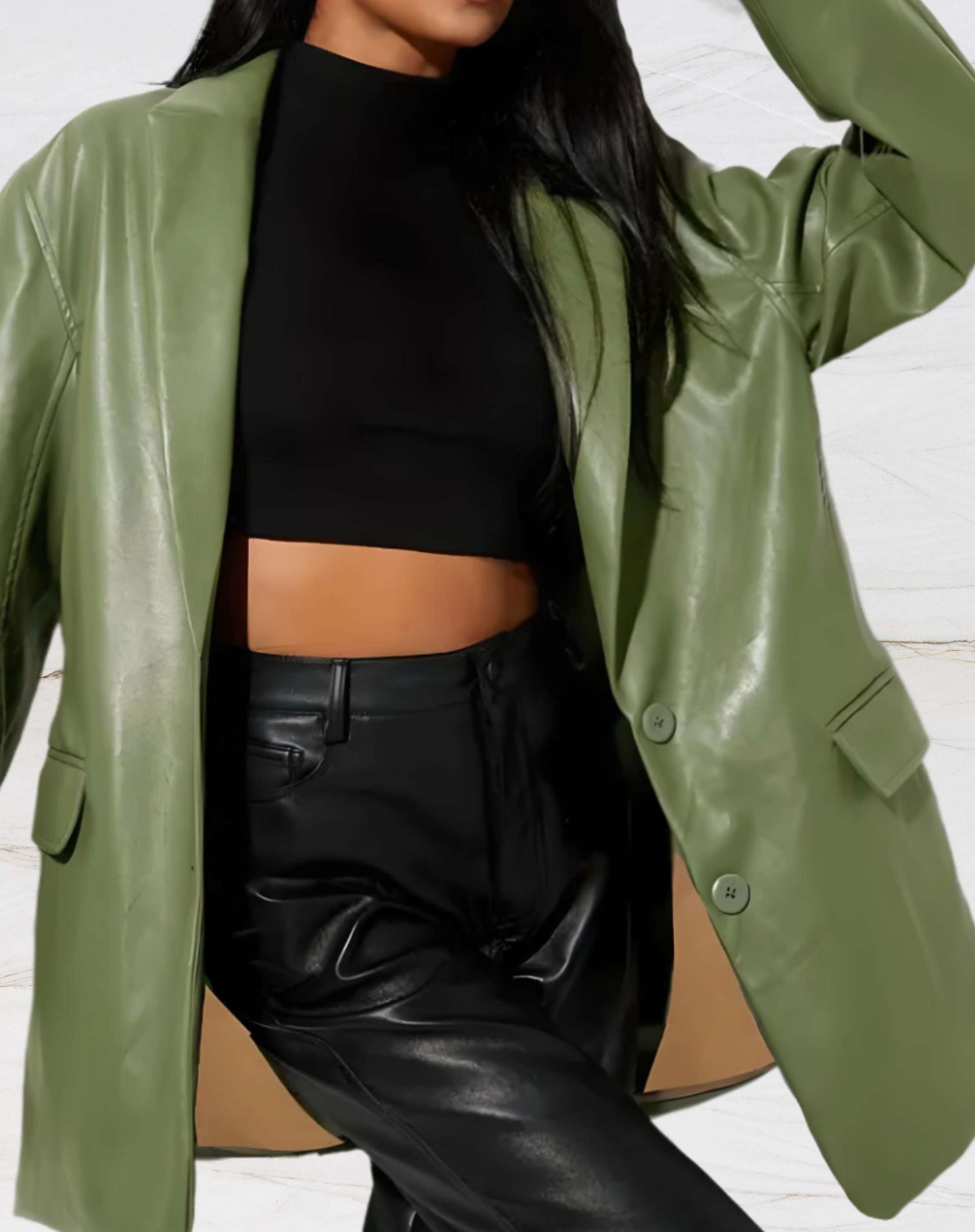 Sarina | Elegant halflang leren jack met ingekeepte kraag en knoopsluiting