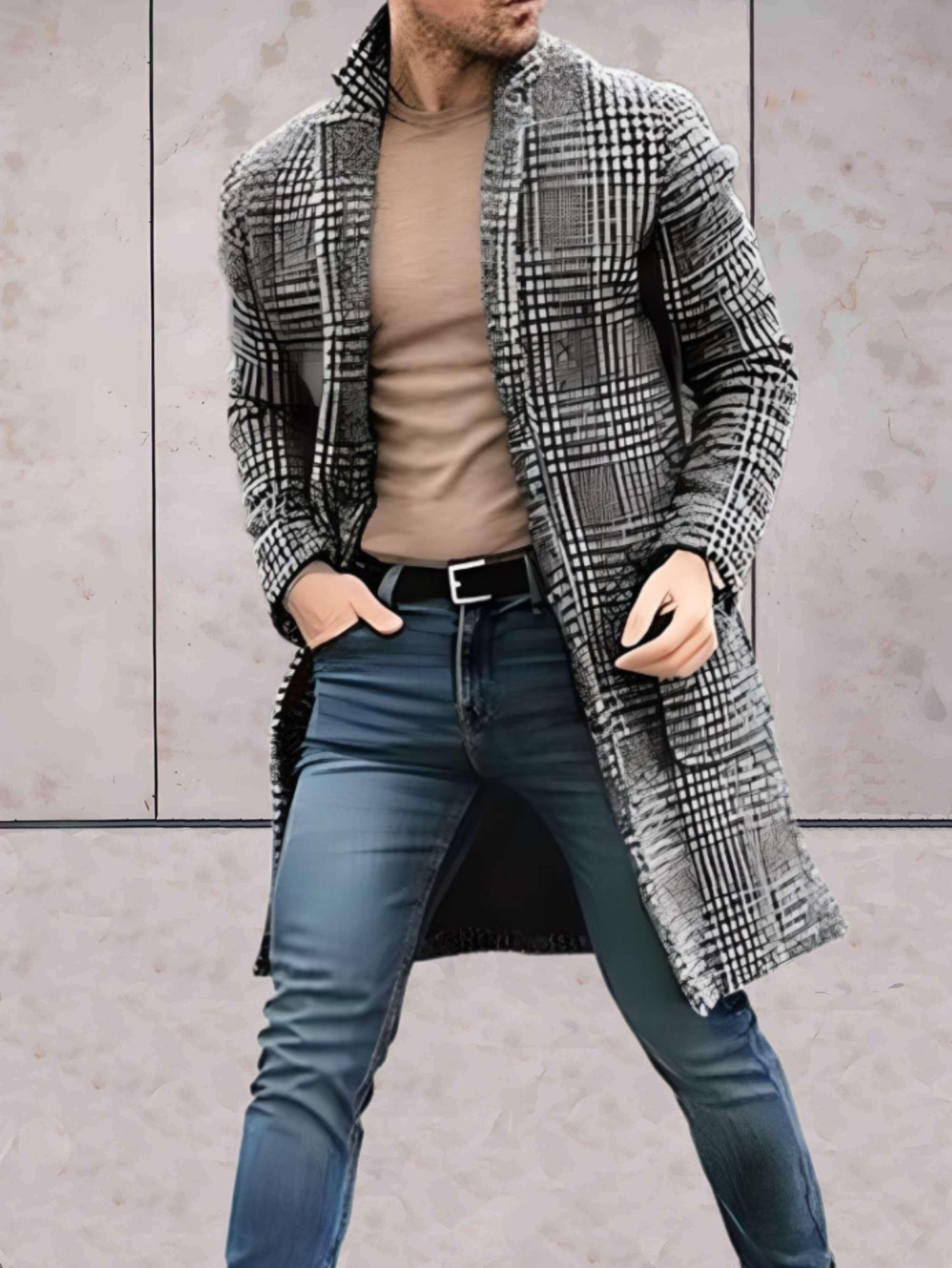 Edwin - warme lange jas met houndstoothmotief, geribde manchetten en zakken