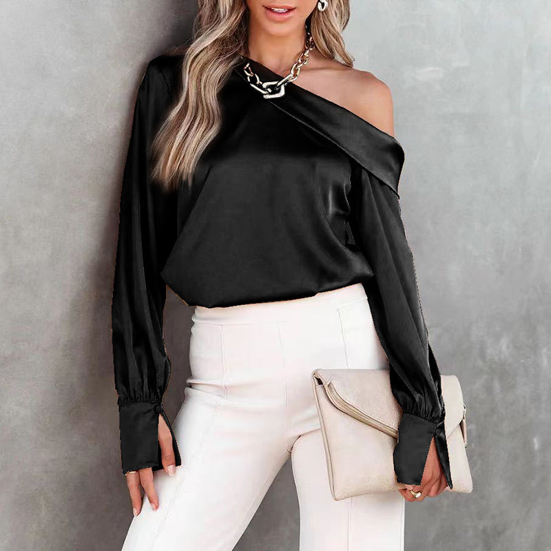 Zwarte satijnen one shoulder blouse
