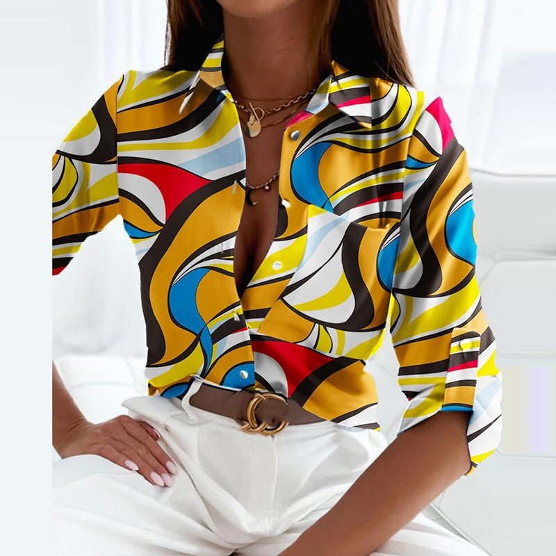 Katherine - elegante blouse met omlaaggevouwen kraag en print