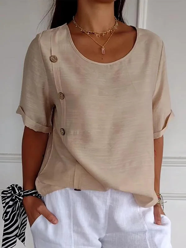 Verlene - Damesshirt met casual knoopsluiting in katoen- en linnenprint