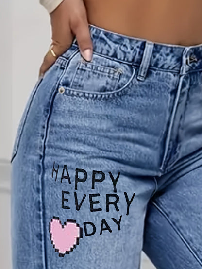 Hart liefdesbrief Graffiti print gescheurd denim Broek - Zoey