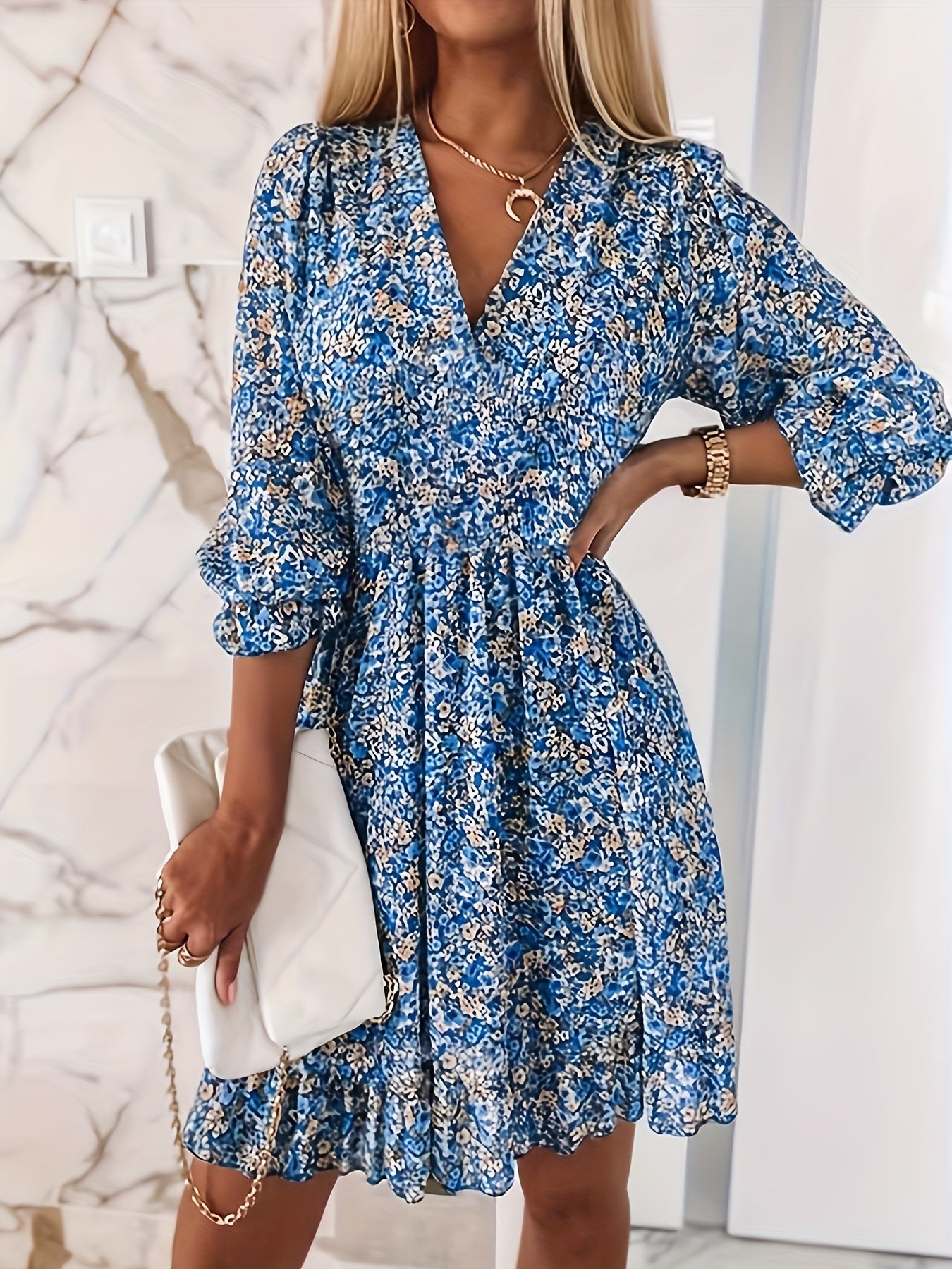 V-hals jurk met gerimpelde taille - Addison